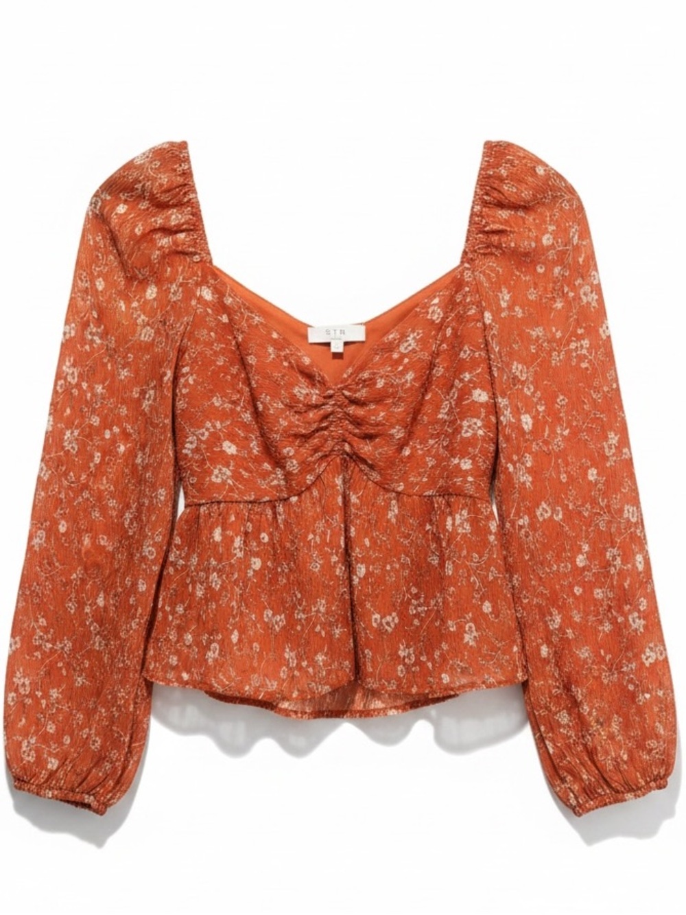 ASTR The Label Rust Sweetheart Floral Long-Sleeve Peplum Top